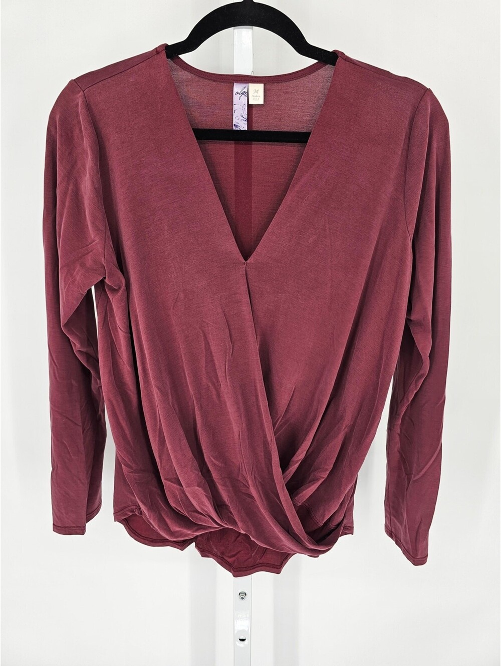 Alya Womens Sz M Long Sleeve Draped Blouse Dark Red Faux Wrap